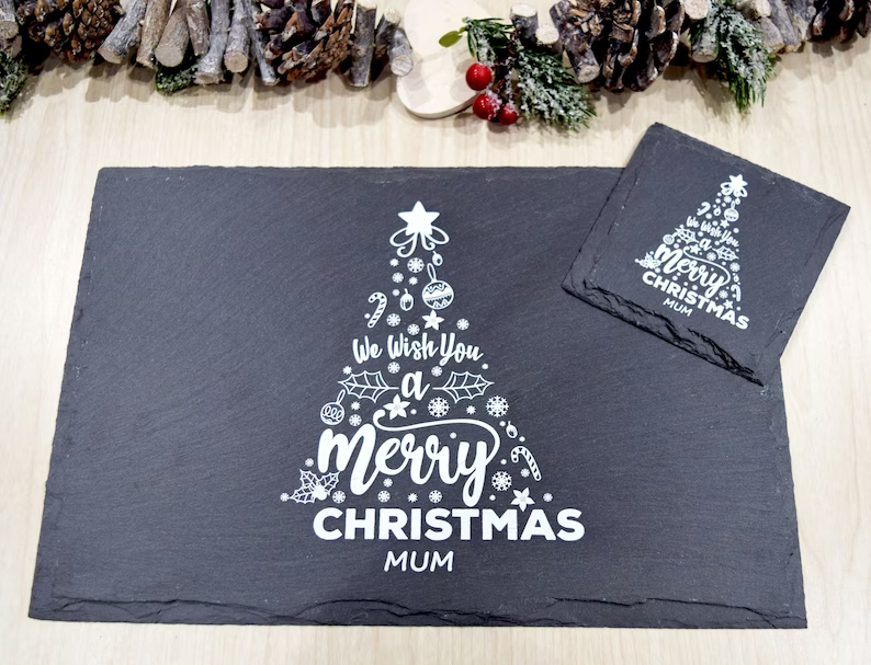 Personalised Festive Slate Placemats & Coasters, Customised Rustic Slate Christmas Table set 🎄✨🍽️