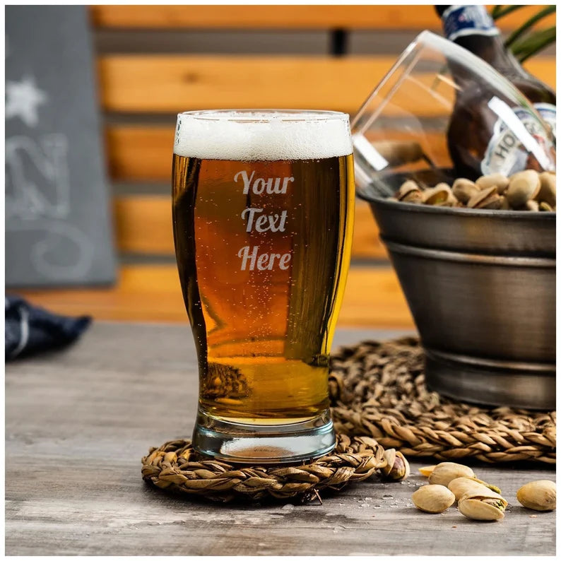 Personalised Pint Glass Engraved Tulip Glasses Gift, Custom Text on Pint Lager Glassware, Bespoke Etched Drinking Beer Glass