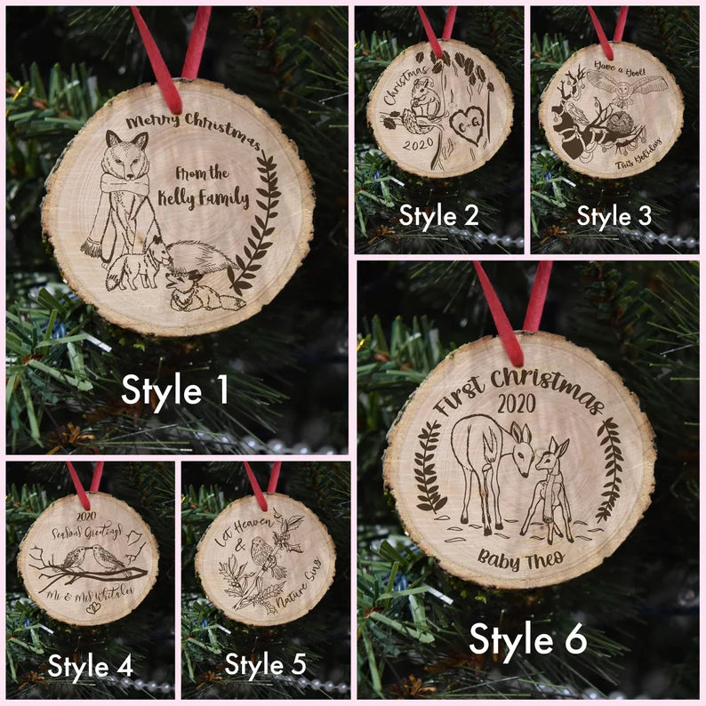 🎄 Personalised Rustic Wooden Log Christmas Ornaments - Authentic Engraved Keepsakes 🎁