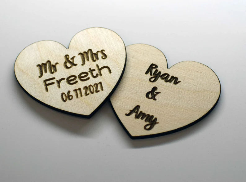 Personalised Wooden Hearts with your own text. Love Heart Shaped Wedding Table Decorations or Favours 3cm x 3cm