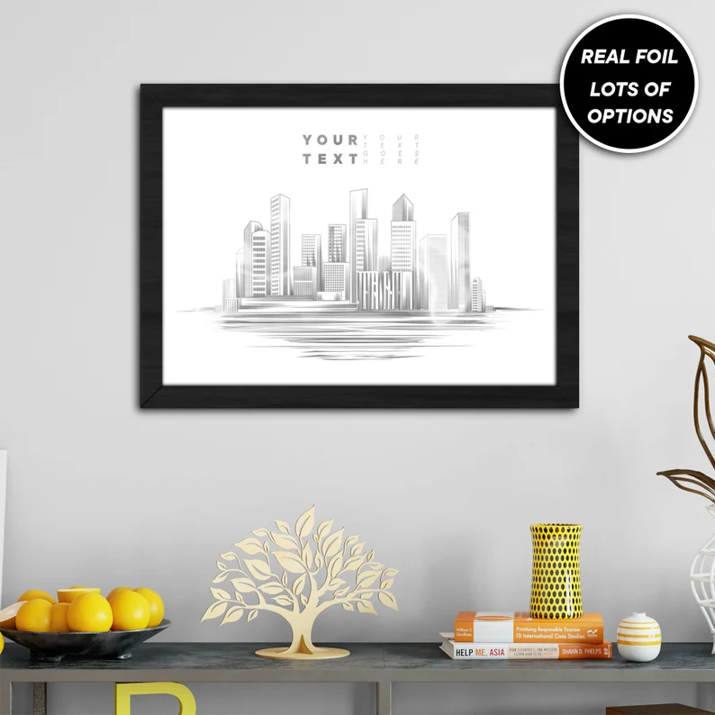 Custom Foil Metallic City Skyline Print, Personalised Foiled Citiscape Prints Gold, Silver or Red Foil Art, Foiled Digital Print Gift