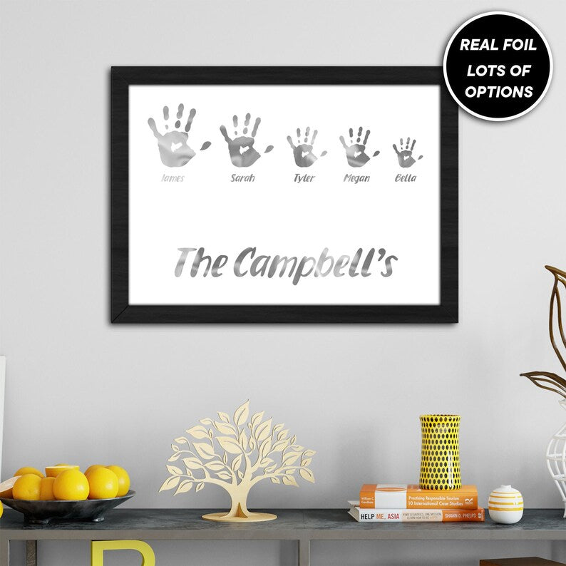 Custom Foil Metallic Family Hand Print, Personalised Foiled Family Hand Prints Gold, Silver or Red Foil Art, Foiled Hand Digital Print Gift