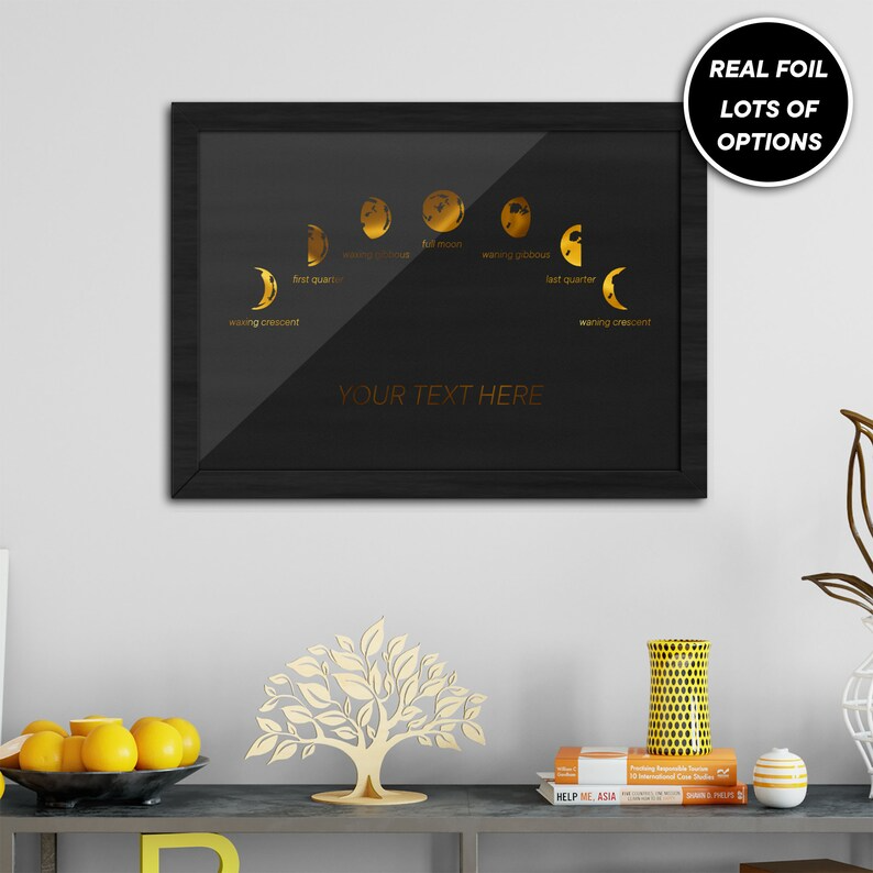 Custom Foil Metallic Lunar Phase Moon Print, Personalised Foiled Moon Stage Prints Gold, Silver or Red Foil Art, Foiled Digital Print Gift