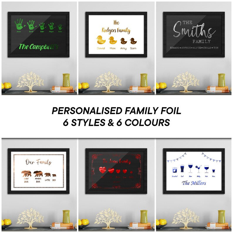 Real Foil Personalised Family Wall Art Print Collection, Hand Foiled Digital Print Gifts