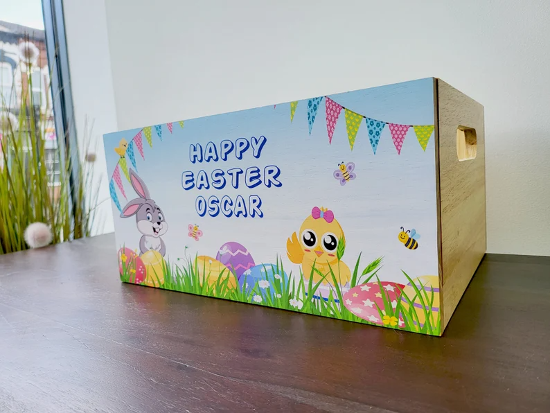 Personalised Printed Wooden Easter Egg Gift Crate, Basket Alternative Hamper Crate Bunny & Chick Design