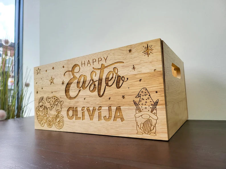 Personalised Engraved Wooden Easter Egg Gift Crate, Basket Alternative Hamper Crate
