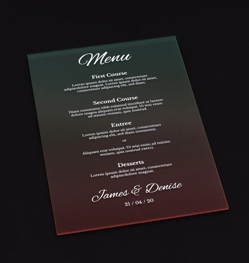 Luxury 3mm Acrylic Wedding Menu a Table Sign - Personalised Wedding Décor Table Menu, Meal Card Sign, Frosted Gradient Pastel, Translucent