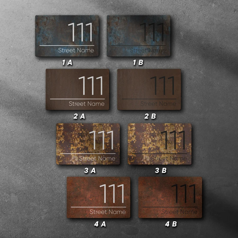 Personalised Contemporary Hidden Fixings Sign, Rusty Metal Style House Sign | Rusted Metal Style Modern Patina Door Number Plaque
