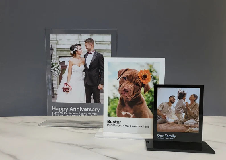 Personalised Photo Print Acrylic Plaque With Custom Message 3 Size options and Colour to choose. A Photo Gift, Frame Alternative