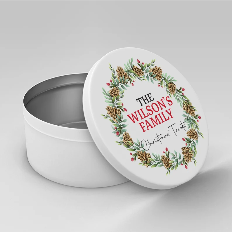 Personalised large Christmas Baking round Tin, Xmas cookie tin, kitchen Festive tin for cakes, baking, biscuits or other items