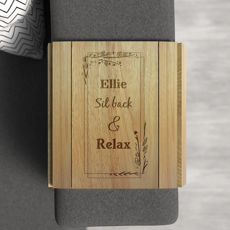 Personalised Sofa Arm Tray,  engraved wooden drink holder. Tea, coffee and biscuits adjustable sofa arm tray, armchair table.