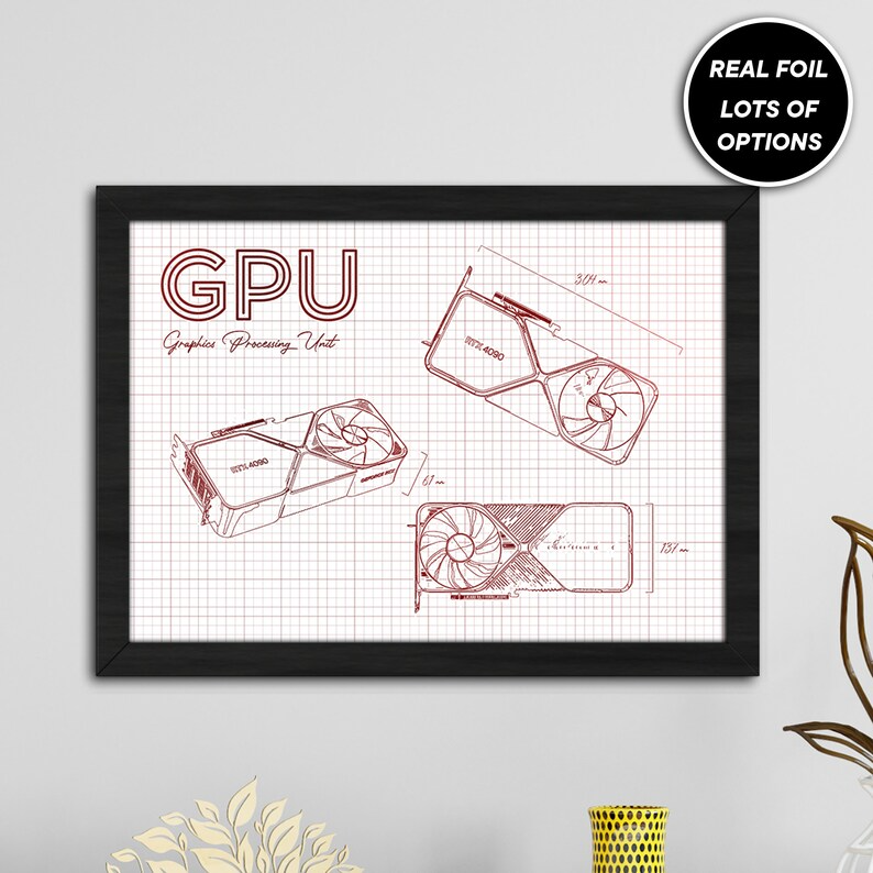 Genuine Gold Foiled wall art, GPU RTX 4090 graphics card technical print, gamers gift. Gaming wall art print.