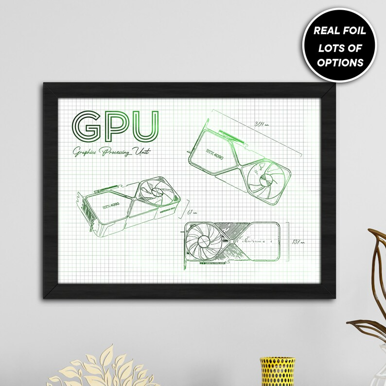 Genuine Gold Foiled wall art, GPU RTX 4090 graphics card technical print, gamers gift. Gaming wall art print.