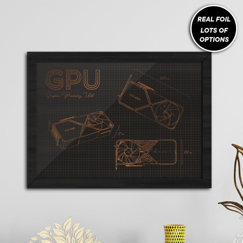 Genuine Gold Foiled wall art, GPU RTX 4090 graphics card technical print, gamers gift. Gaming wall art print.