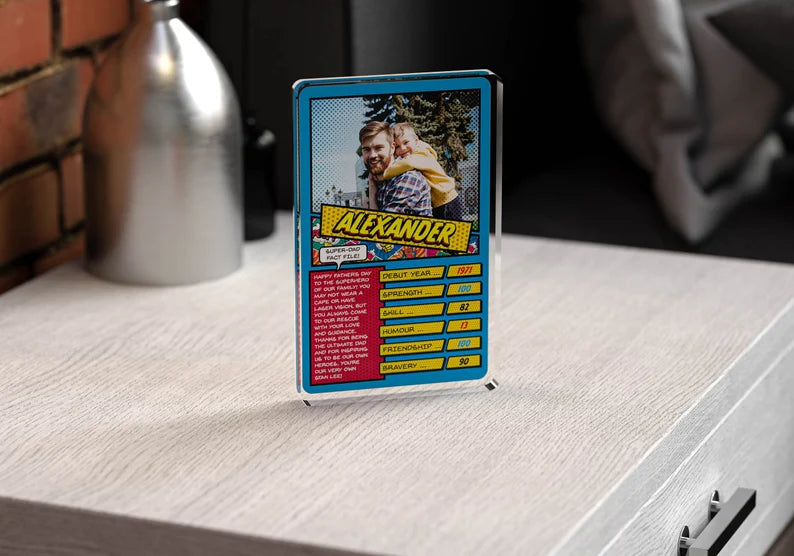 Father's Day Acrylic Block, Custom Superhero Dad, Comic Style Top Trumps Rating, Personalised Photo Gift, Strength Humour Bravery, UK Made