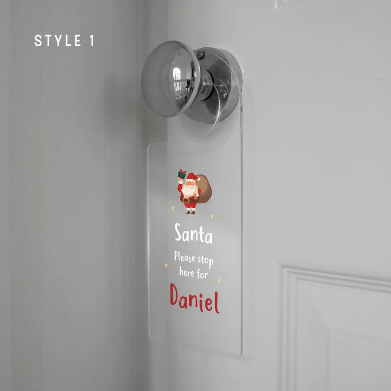 Personalised 'Santa, Please Stop Here' Christmas Door Hanger: Bespoke Acrylic Keepsake for Festive Decor 🎅🌟