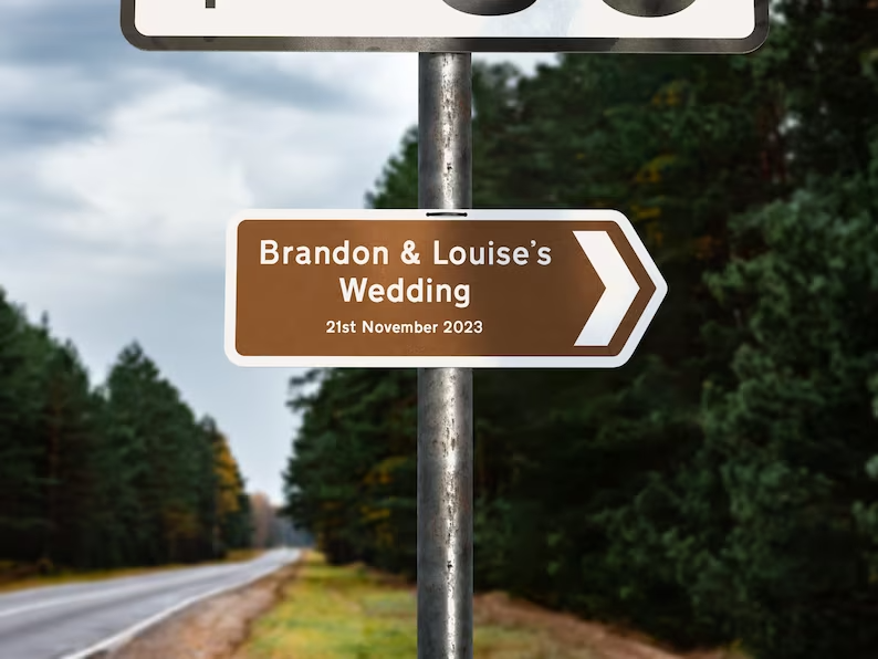 Personalised metal wedding sign, Direction Road Arrow Sign Brown, Wedding Plaque, Signs, Wedding Signs, Wedding Reception Signage directions