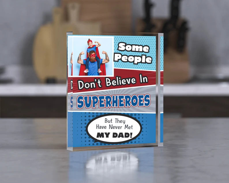 Daddy Hero Gifts, Personalised Superhero Gifts for Dad Daddy Grandad, Fathers Day Gifts From Son Daughter Kids, Clear Acrylic Photo Blocks
