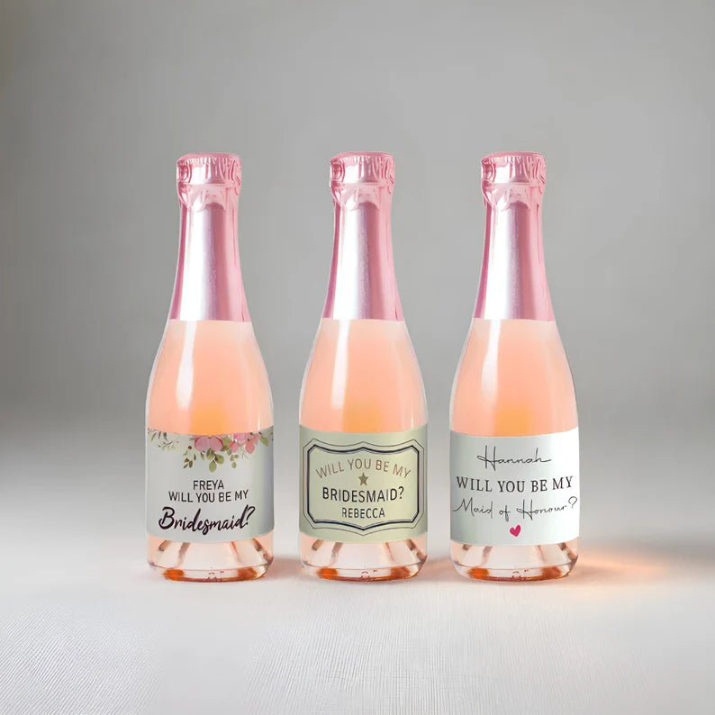 Personalised Wedding mini Champagne or Prosecco Bottle Labels - Bridesmaid Proposal, Will You Be My Bridesmaid, Maid of Honour - 3 Styles