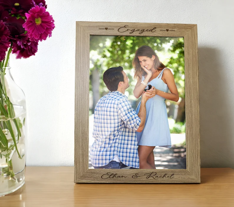 Personalised Engagement, Couple Mr & Mrs Wedding Anniversary Photo Frame |  Engraved Wooden Gift | Any Text | 3 Sizes Landscape or Portrait