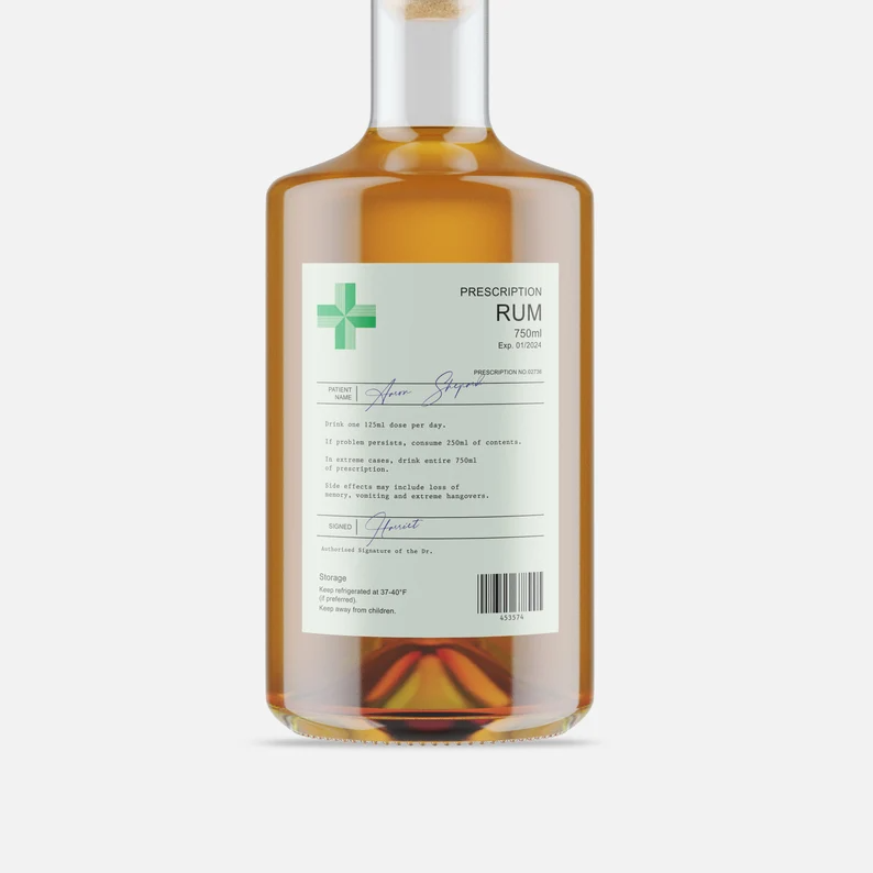 Personalised Prescription Whiskey, Rum or Brandy Bottle Label – Funny Birthday Gift Sticky Label