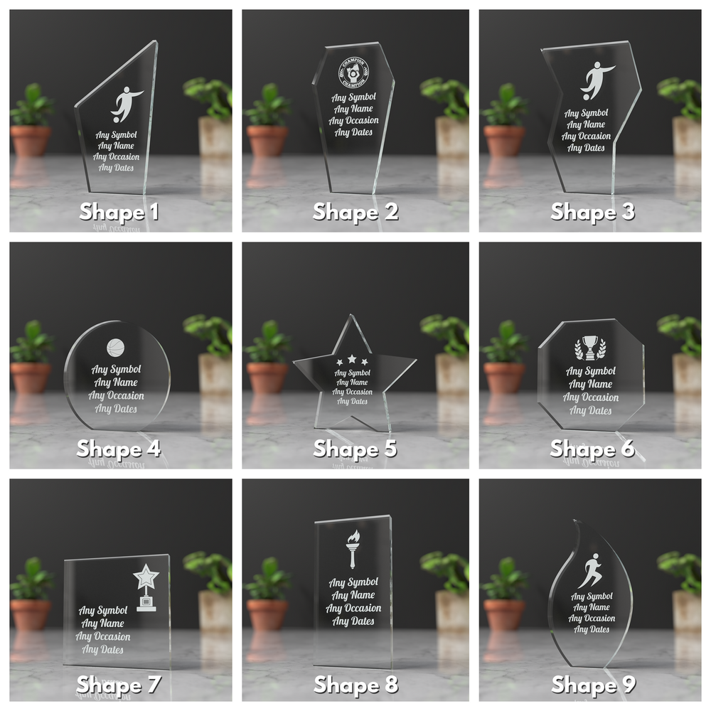 Personalised Glass Award Trophy Award Plaque, Various Trophies and Styles, 15mm Thick