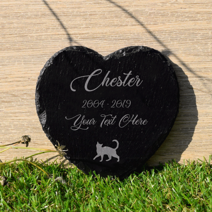 Cat Heart Shape Slate Memorial for Beloved Pet Personalised Grave Marker Plaque