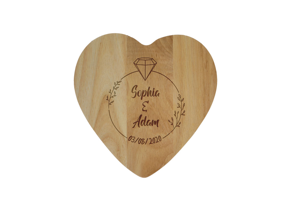 Personalised Cheese Board & Cheese Knife Set, Bespoke Wooden Heart Cheese Plater ‘Diamond & Date' Custom Name Gift