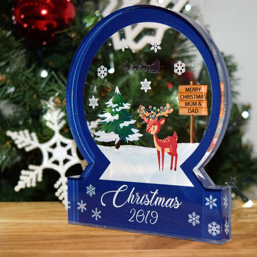 Whimsical Reindeer Personalized Acrylic Snow Globe – Festive Family Ornament Keepsake 🦌🎄