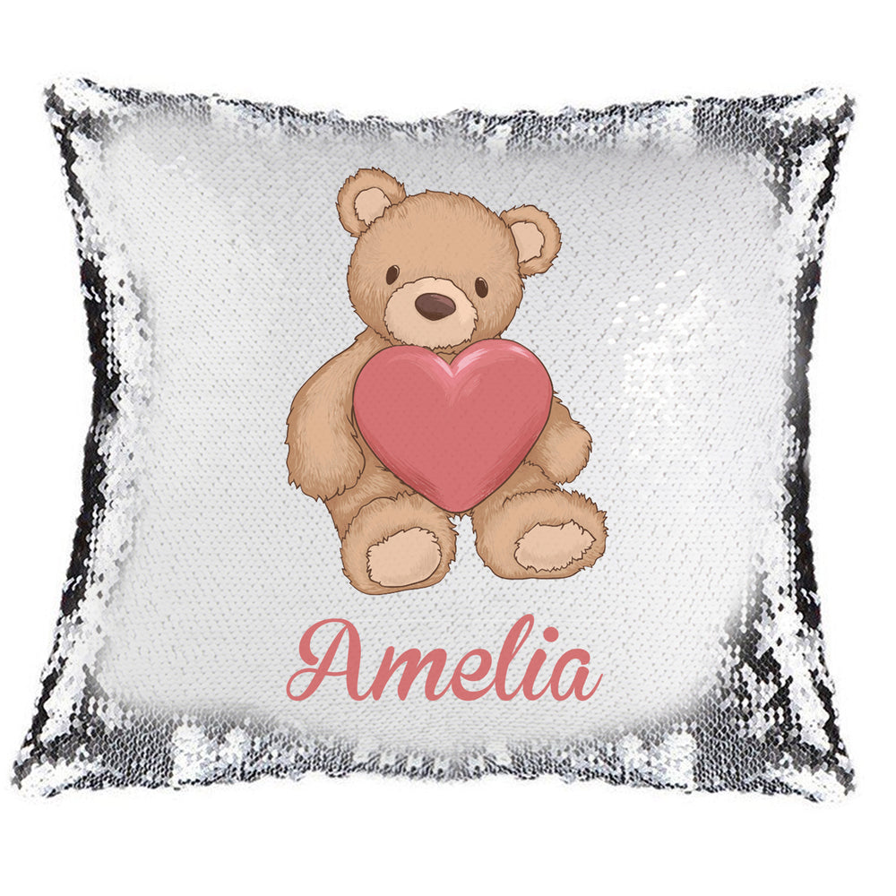 Love heart Teddy Bear Magic Reveal Cushion Cover Personalised Sequin Pillow Xmas Gift