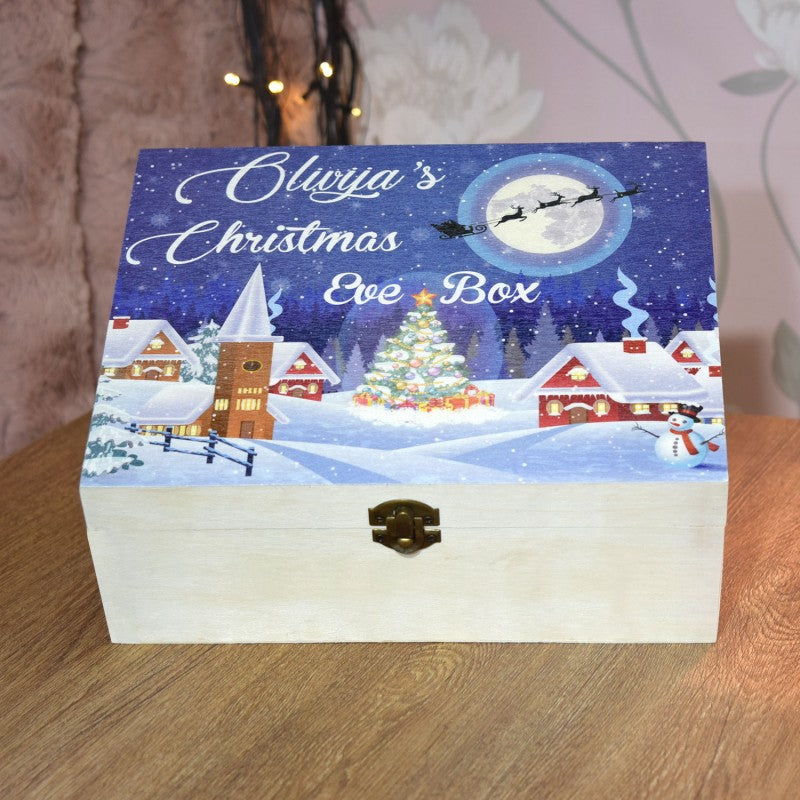 Christmas Village Personalised Eve Box, Bespoke Wooden Keepsake for Festive Treasures 🌲🎅🏼🎁